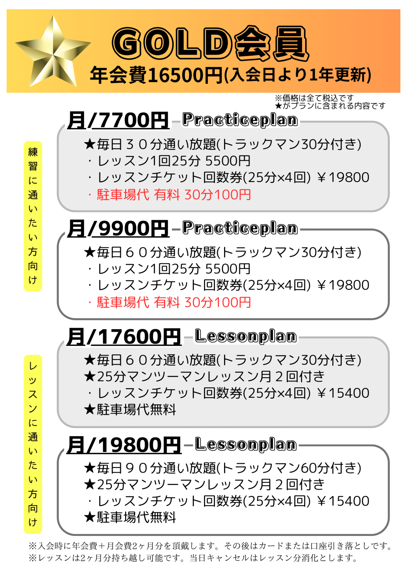 GOLD会員料金表