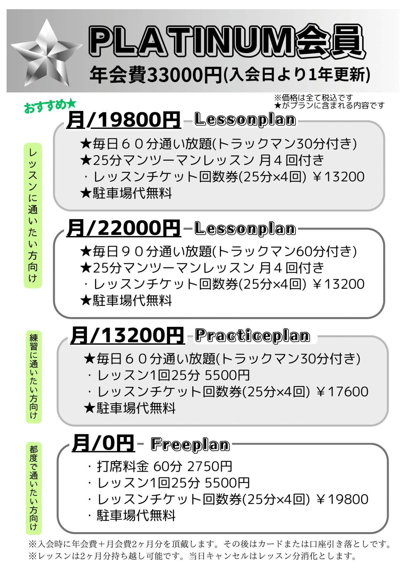 PLATINUM会員料金表